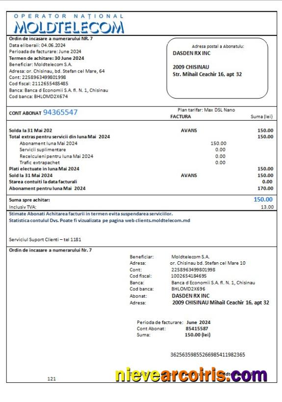 Moldova Moldtelecom business utility bill